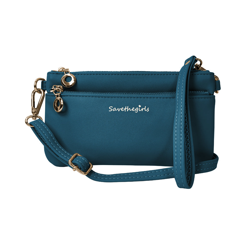 Blue crossbody RFID wallet with zip top and side flap detail