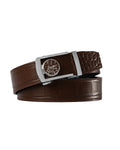 Brown gator-texture leather belt with silver rectangular buckle and stitched edges