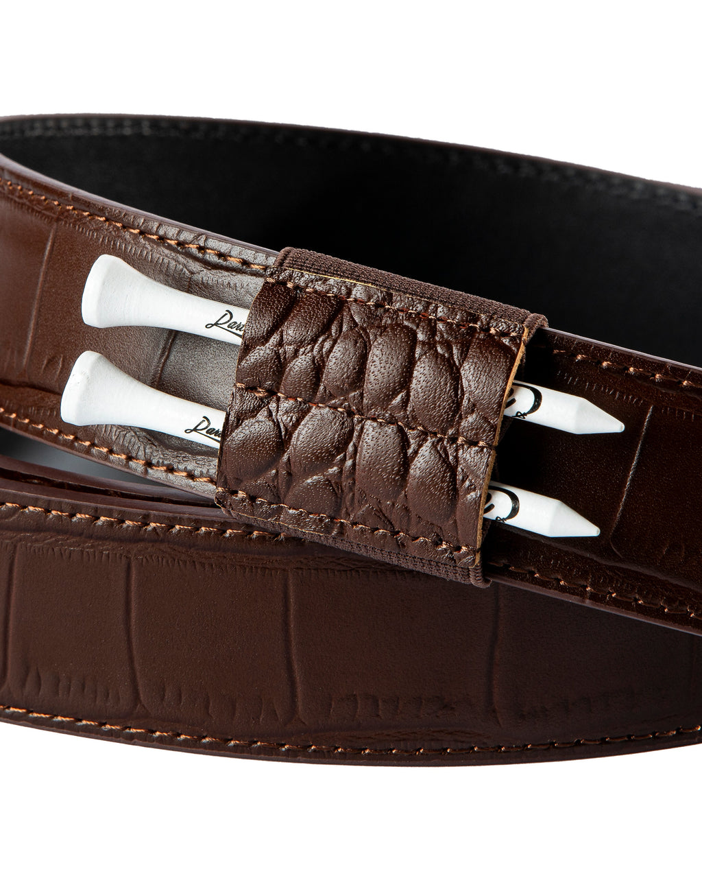 Brown gator-texture belt with snap tabs and double keeper loops on underside