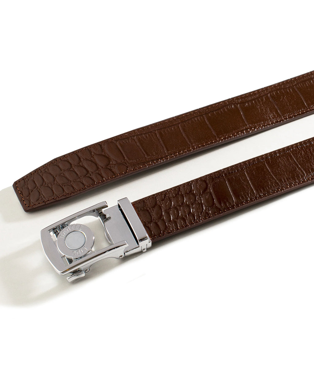Brown gator-texture belt with shiny silver buckle frame and keeper detail