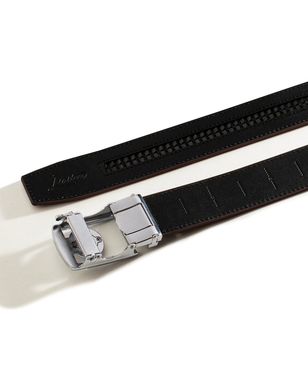 Black gator-texture leather belt with silver buckle and stitched belt slots
