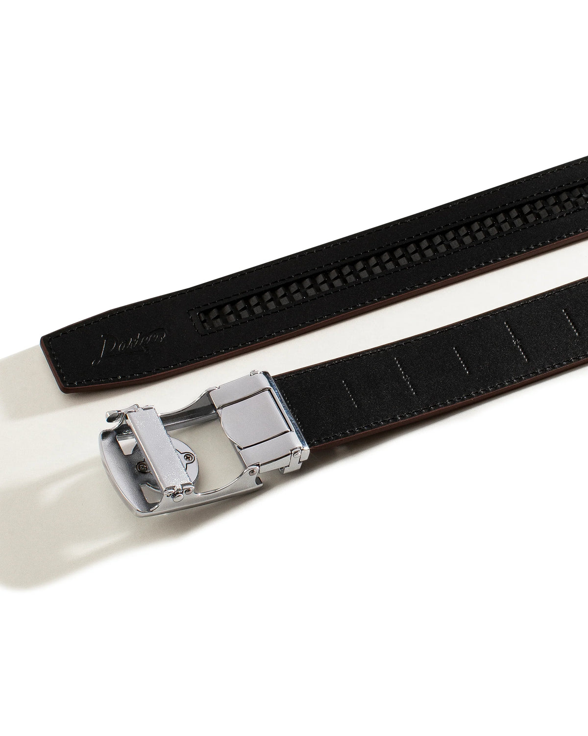 Black gator-texture leather belt with silver buckle and stitched belt slots