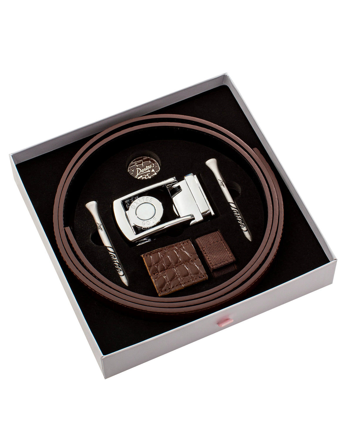 Dartee gift box set with gator belt, accessories, and silver buckle layout