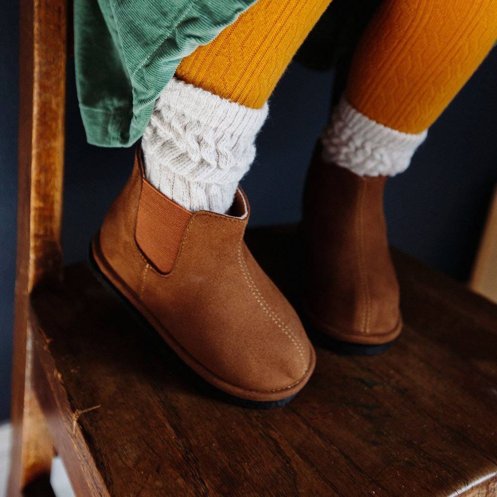 Kids' easy-on barefoot shoes, tan/brown suede-style slip-on with elastic gore