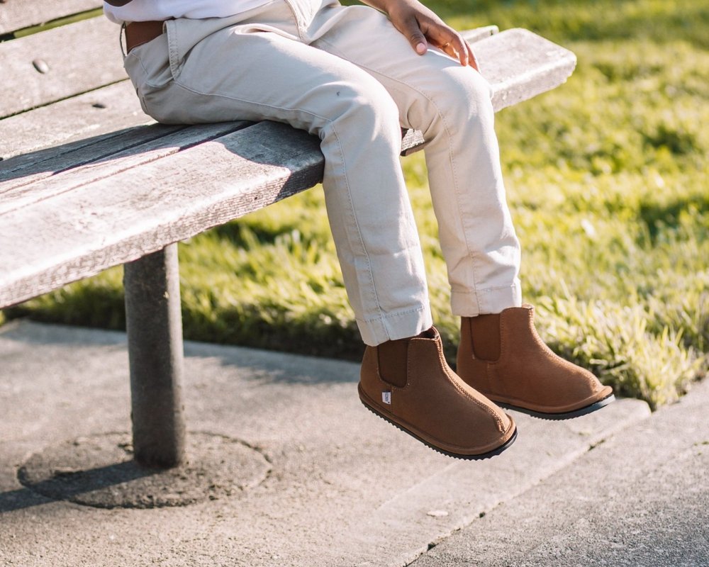 Kids' easy-on barefoot shoes, tan/brown slip-on with dark soles
