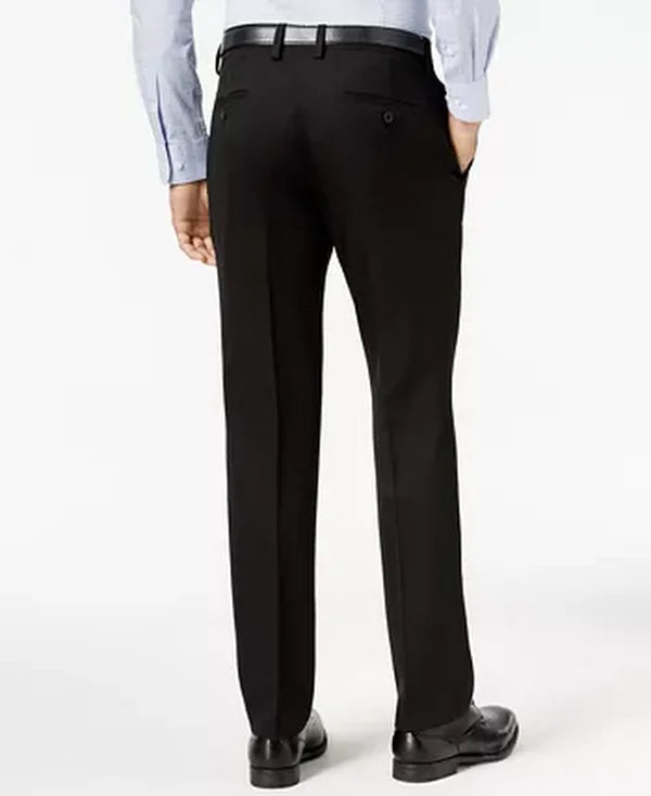Men's black stretch slim-fit dress pants, side front view with tapered straight leg