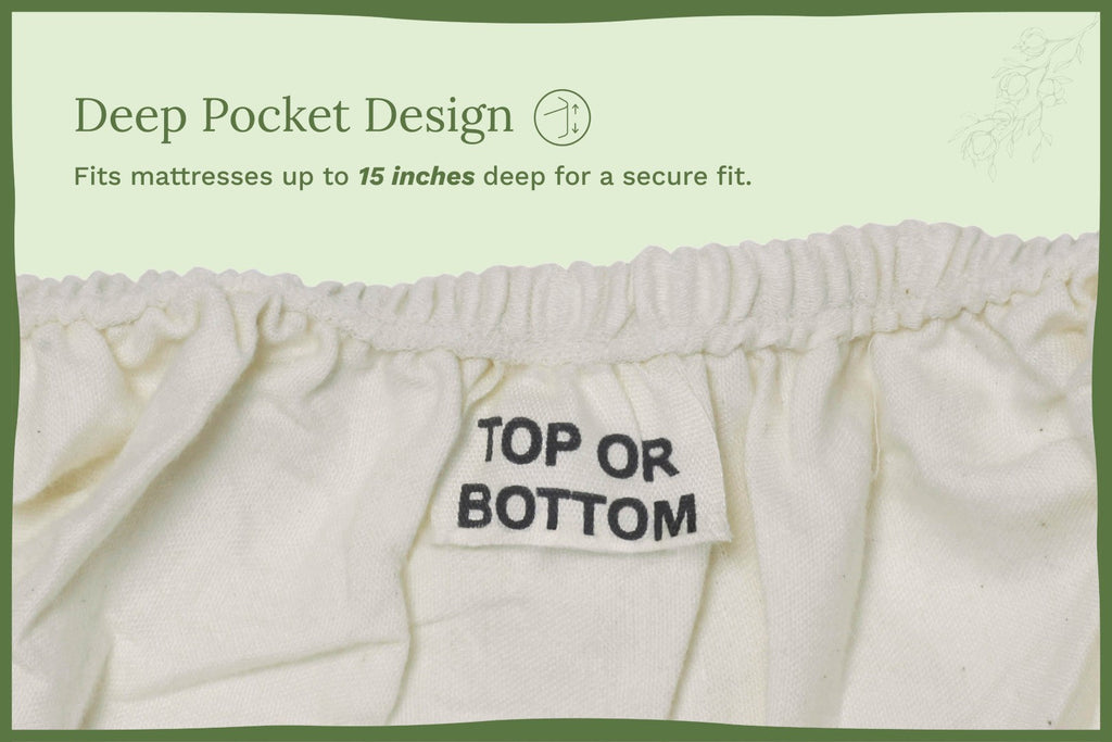 Off-white fitted bed sheet with elastic edge, close-up of gathered seam