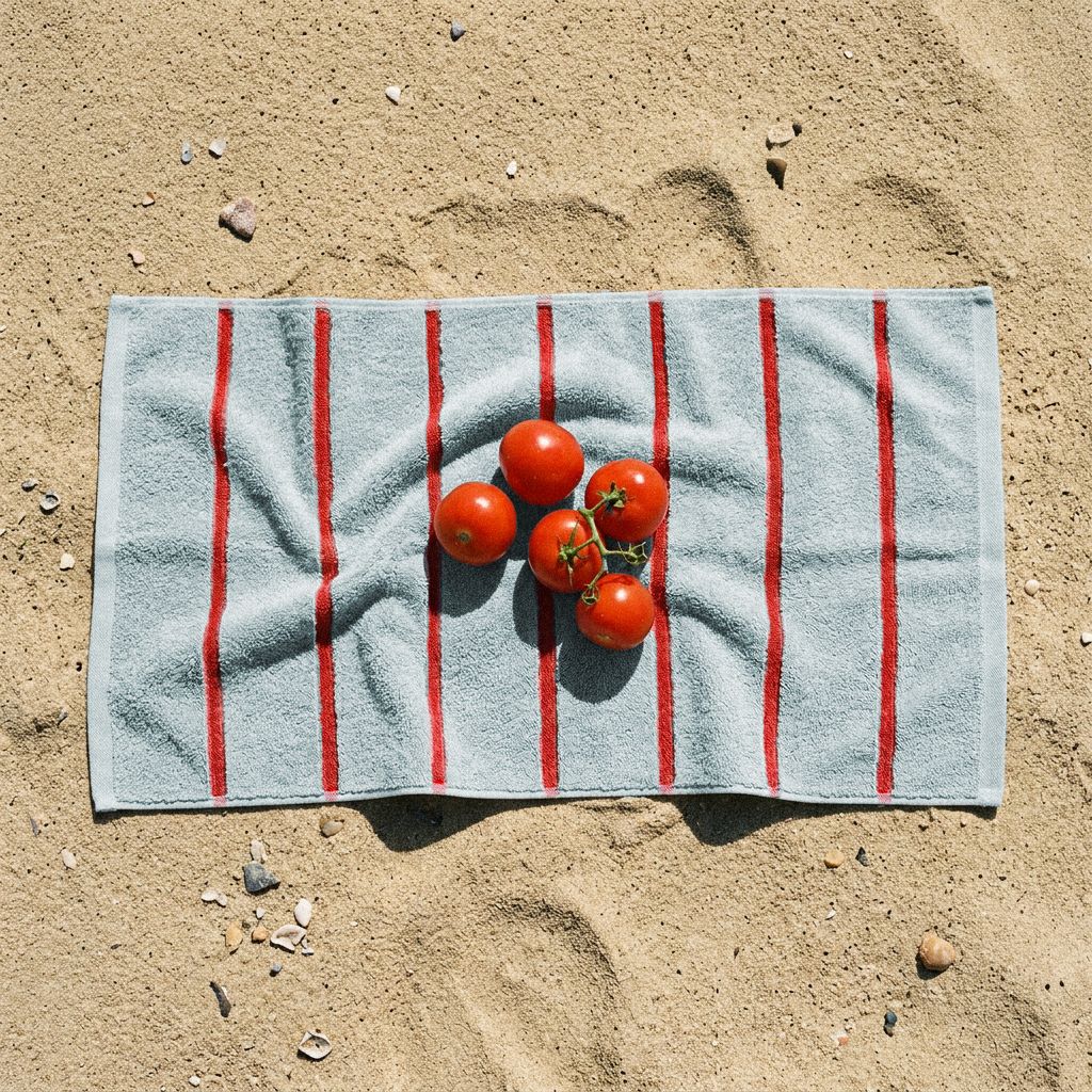 Light blue cotton towel with red vertical stripes, laid flat on outdoor surface