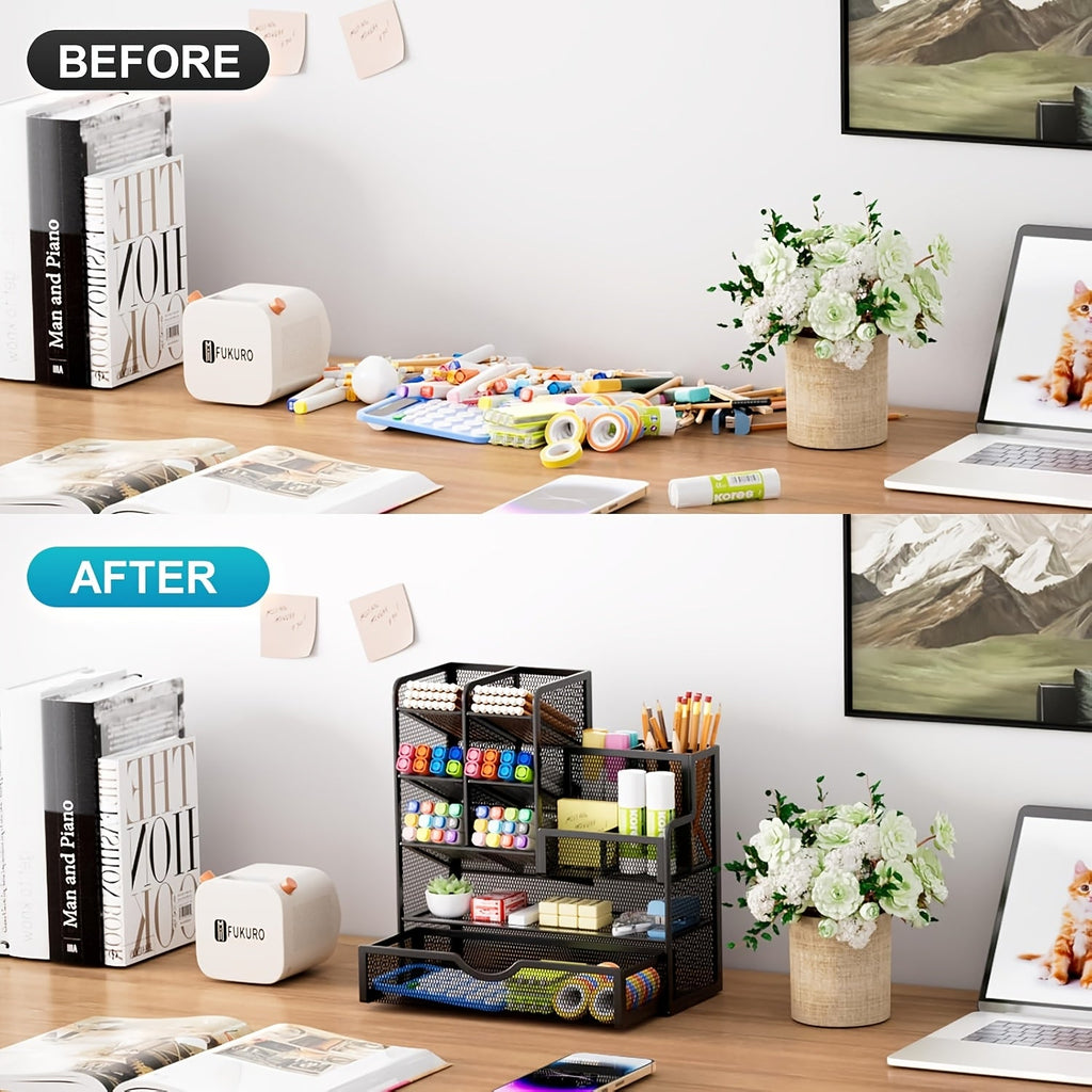 Iron mesh desk organizer on a desk with multi-compartment shelves for office supplies