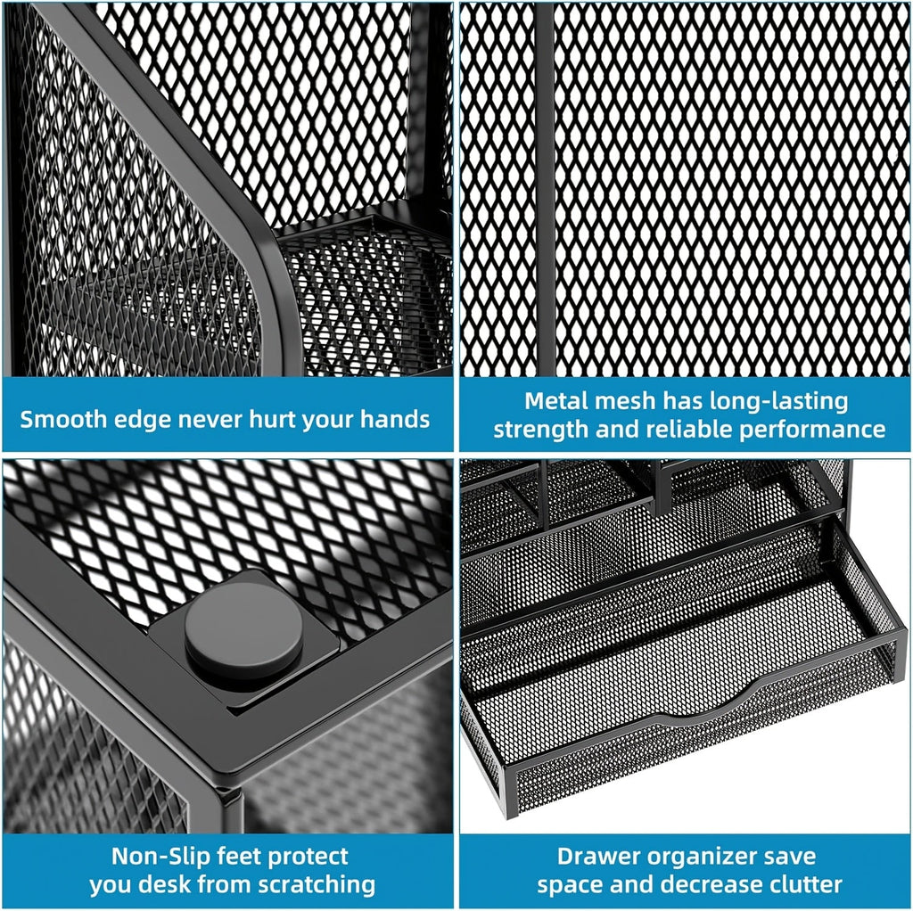 Iron mesh desk organizer corner close-up with smooth edges and non-slip protective feet