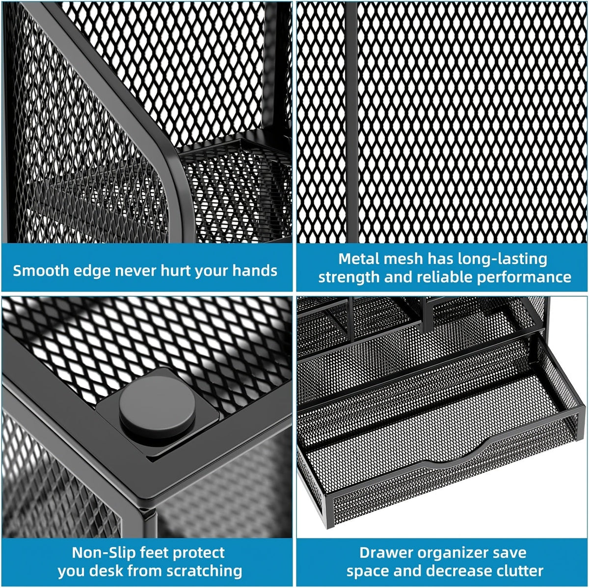 Iron mesh desk organizer corner close-up with smooth edges and non-slip protective feet