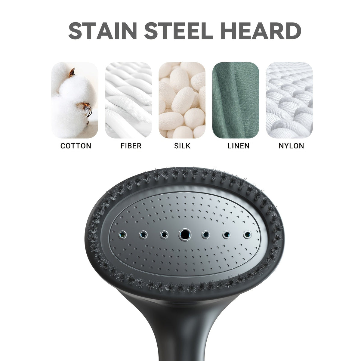 Handheld garment steamer steam head with perforated stainless nozzle and fabric compatibility icons.