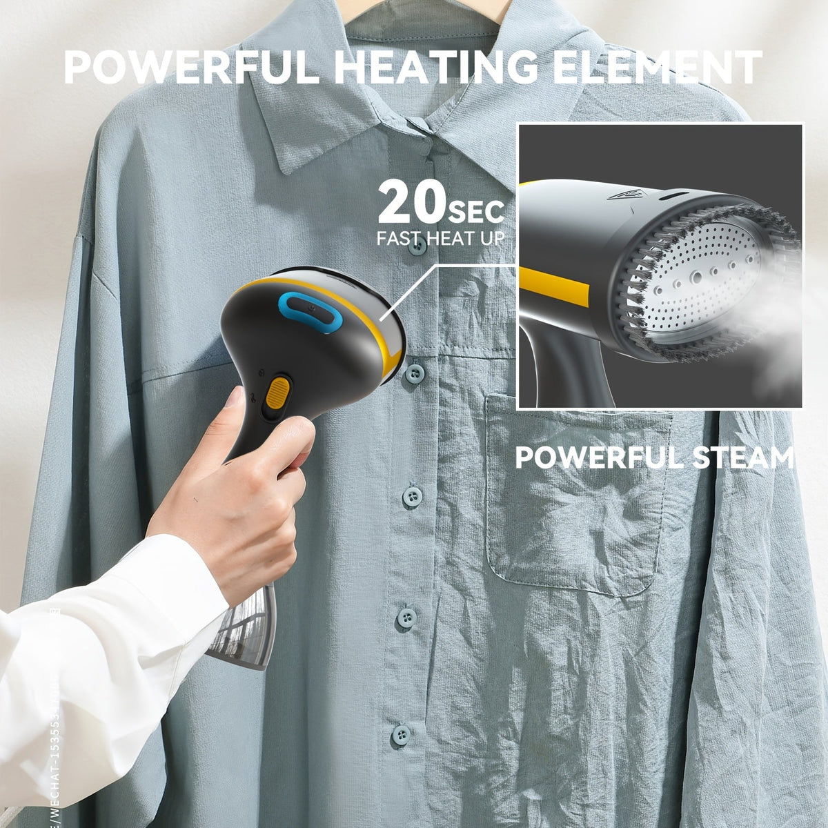 Handheld garment steamer with black nozzle and yellow accents, steaming a light blue shirt.