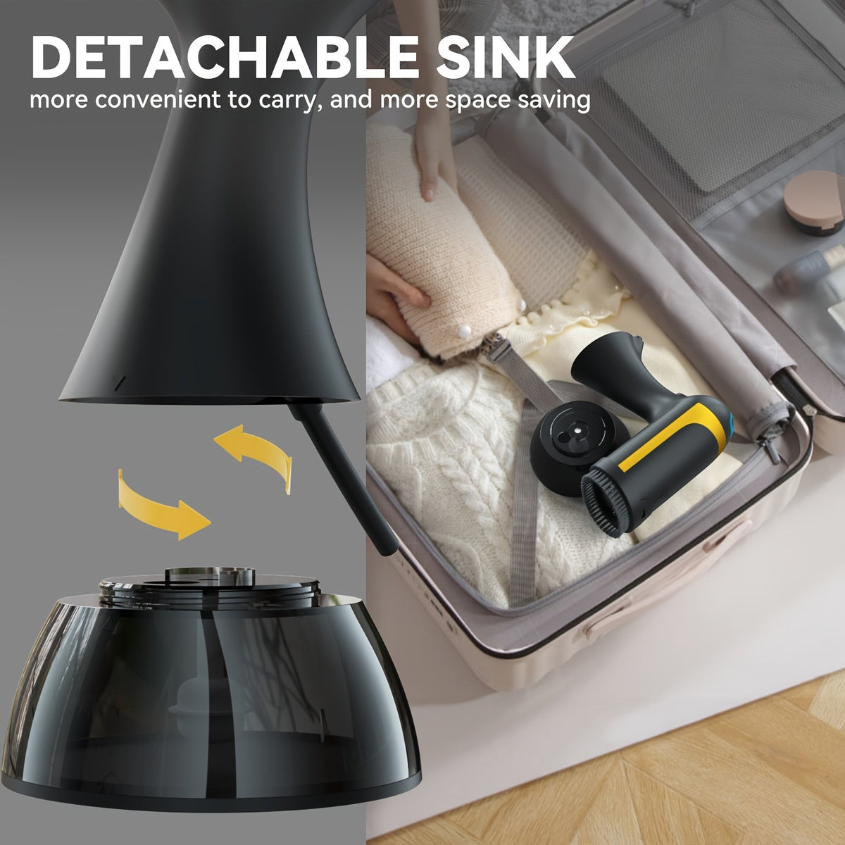 Handheld garment steamer with detachable base and water tank on a countertop.