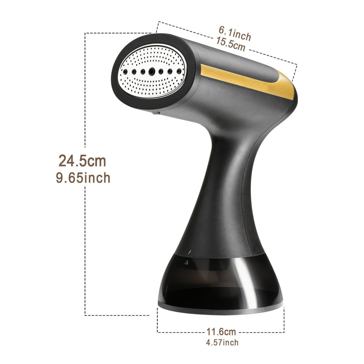 Black handheld garment steamer with perforated head, shown with length and width dimensions.