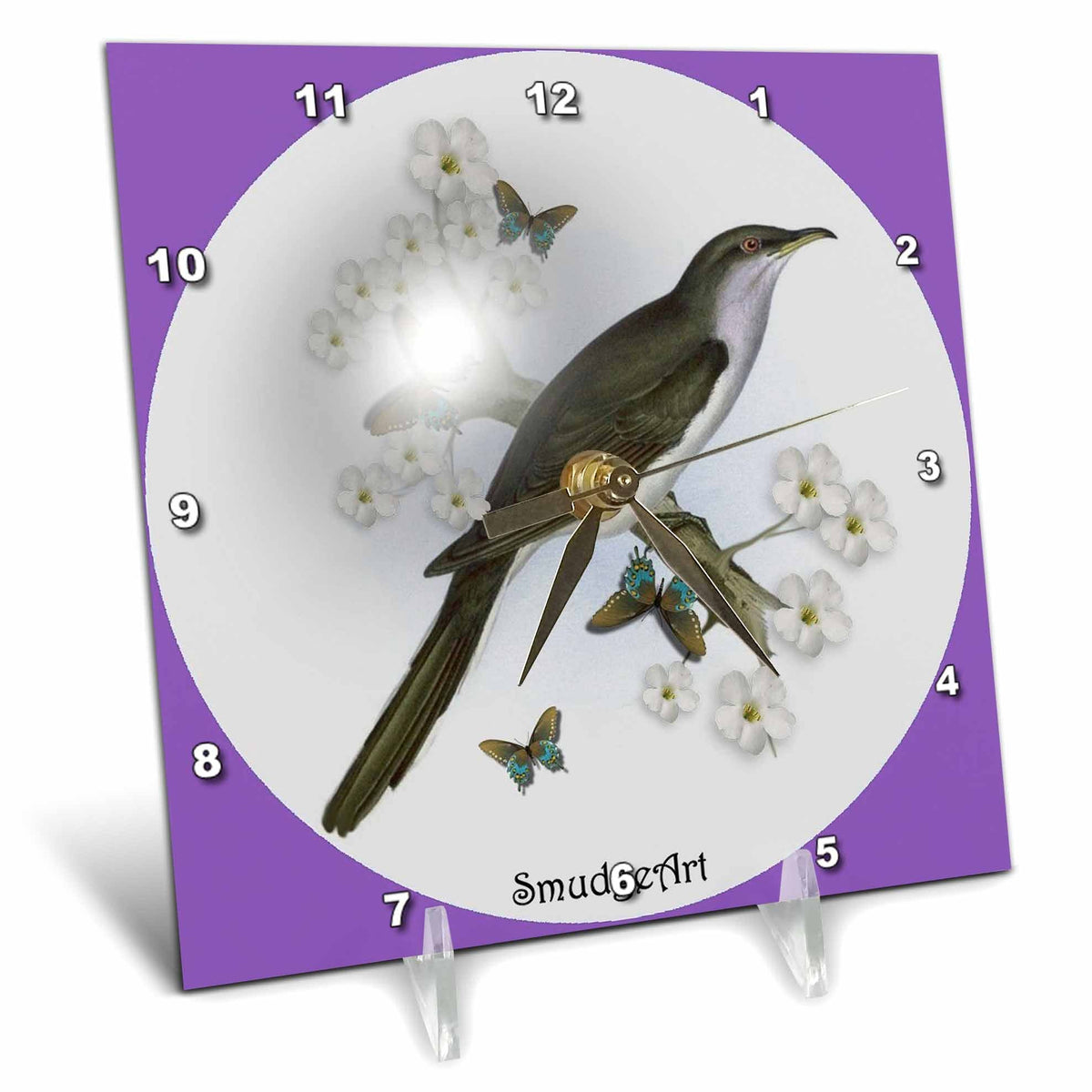 Desk clock with circular white dial, green bird and butterflies, purple border
