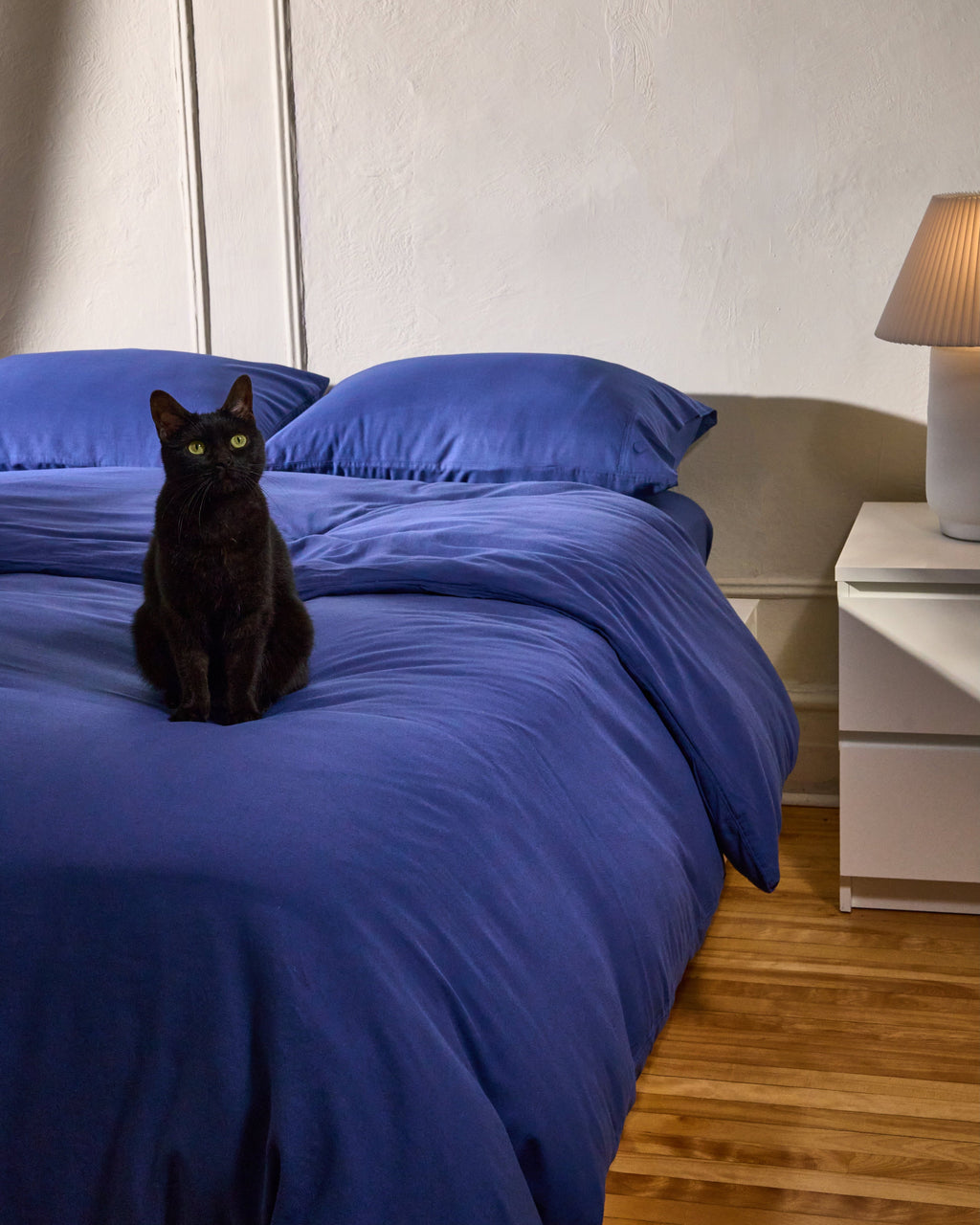 Blue duvet cover with two pillowcases on a bed