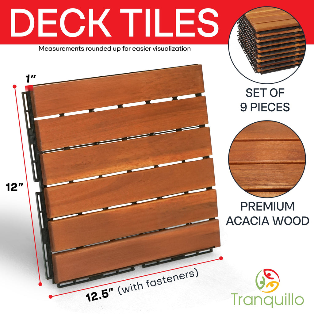 Wood deck tile panel with 6 slats and black snap-lock base, set of 9