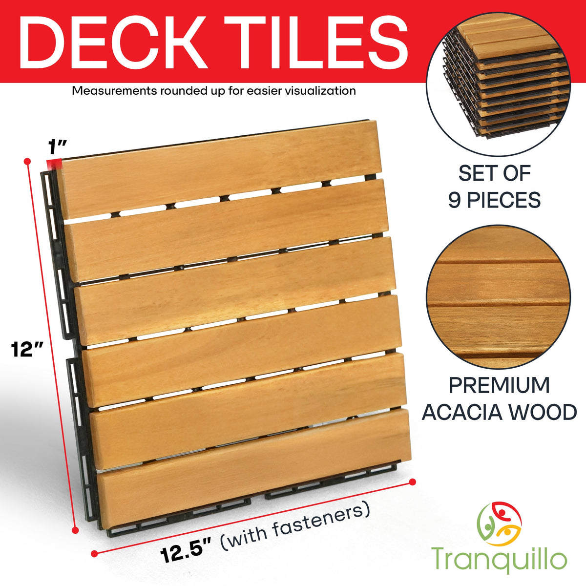 Tan acacia wood deck tiles set of 9, four slats per tile with black fasteners