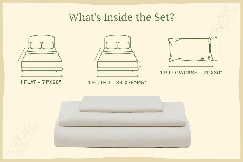 Light cream sateen bed sheets set, folded layers with a pillowcase diagram