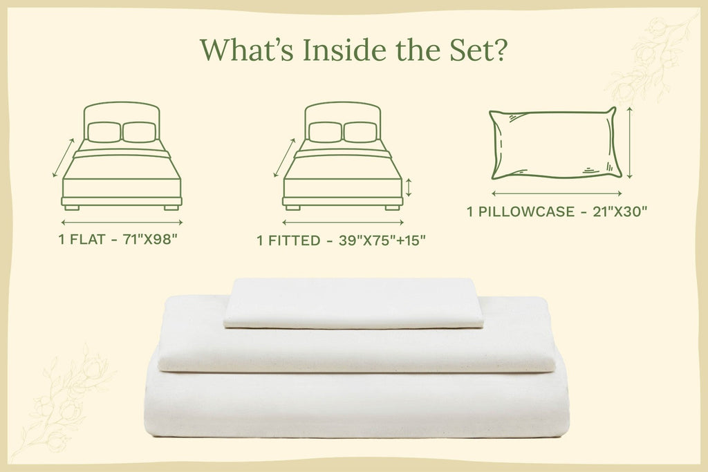 Organic sateen bed sheet set, folded flat sheet and pillow with off-white fabric