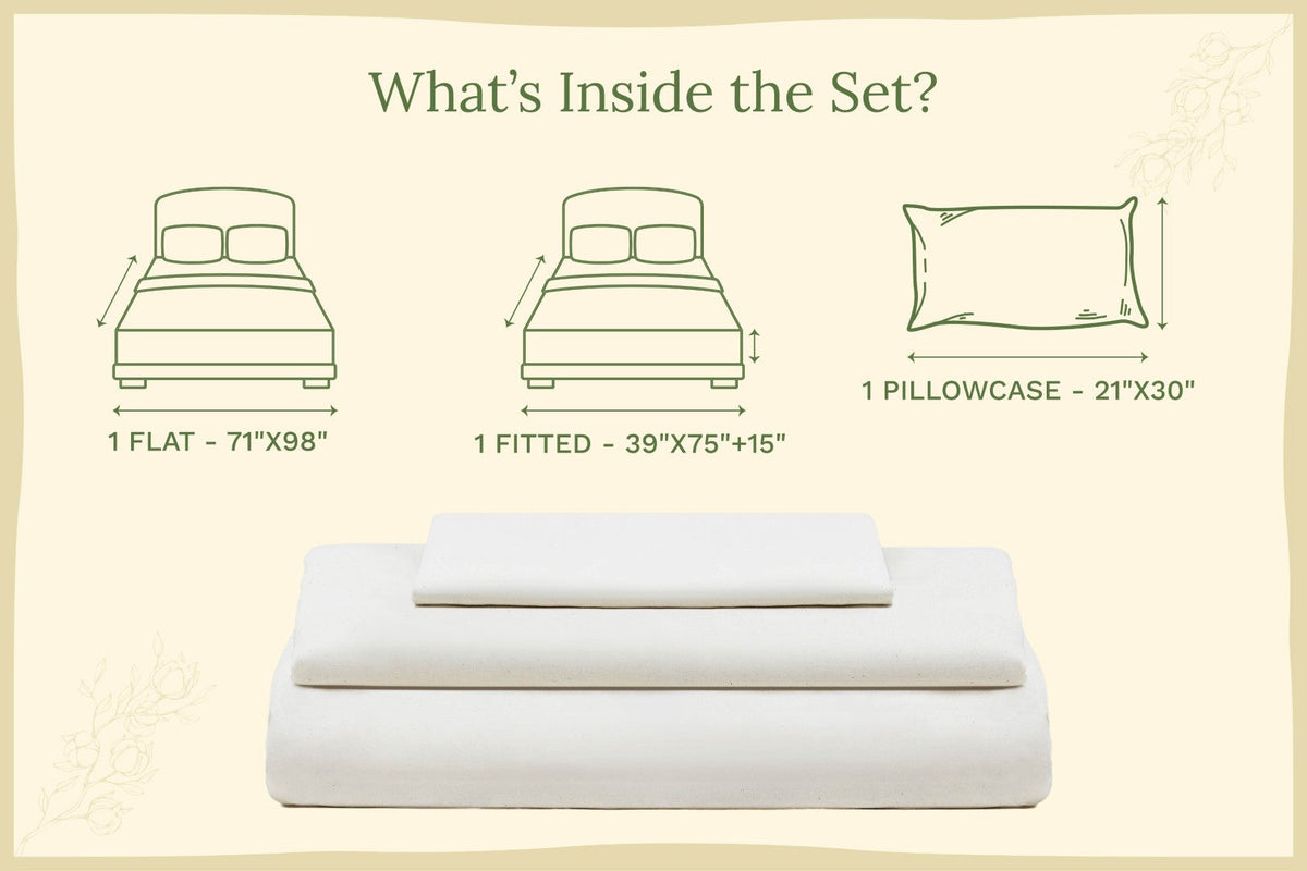 Organic sateen bed sheet set, folded flat sheet and pillow with off-white fabric