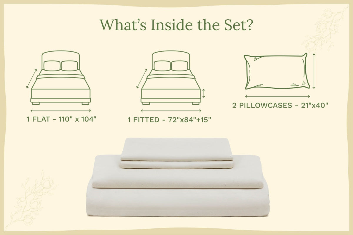 Organic sateen bed sheet set, folded flat sheet and fitted sheet, off-white