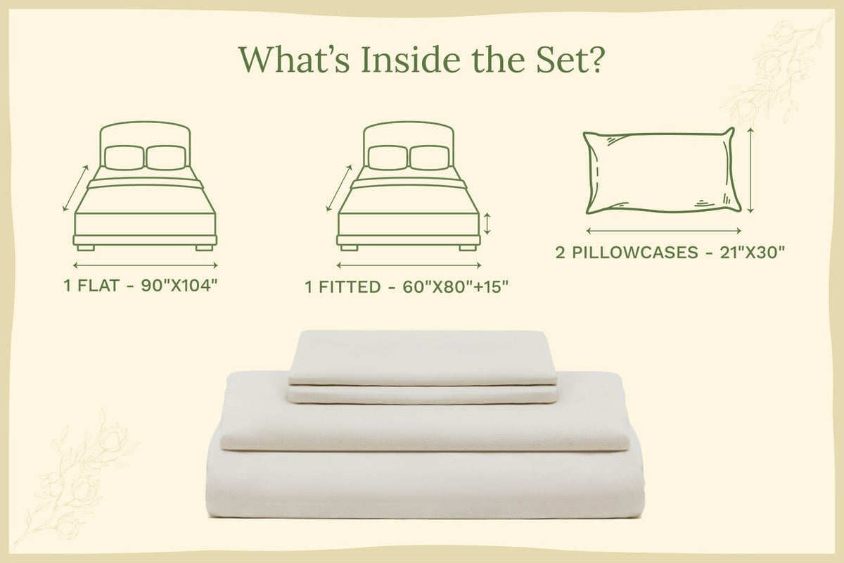 Light cream sateen bed sheets set, folded stack with pillowcase and sheet diagrams