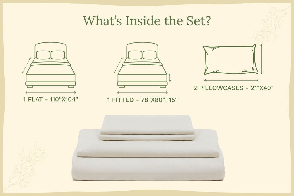 Light cream sateen bed sheets set, folded layers with pillowcase diagram