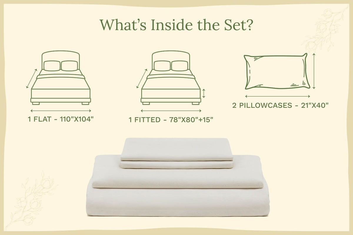 Light cream sateen bed sheets set, folded layers with pillowcase diagram