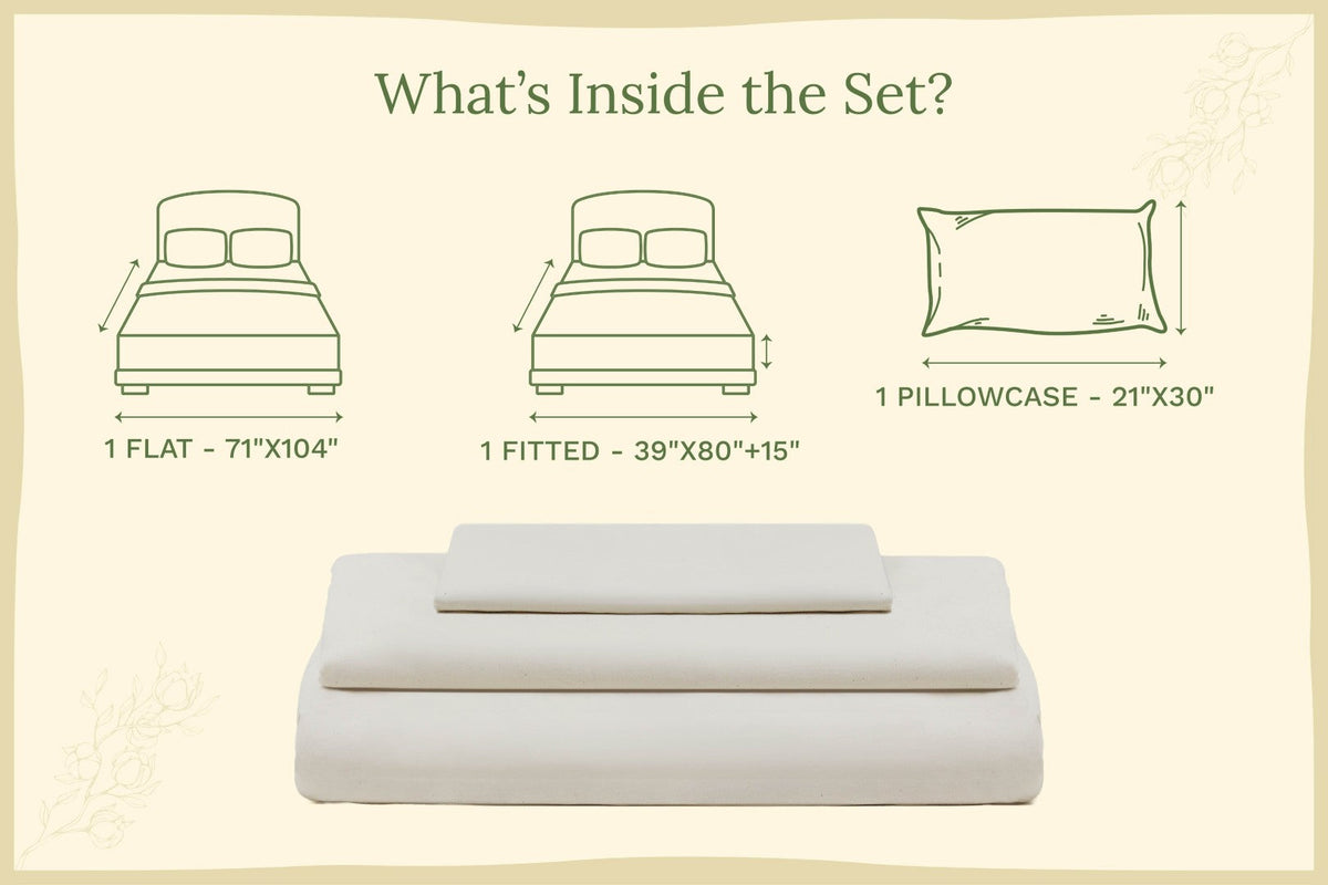 Light cream sateen bed sheets set, folded top layer with pillowcase diagram