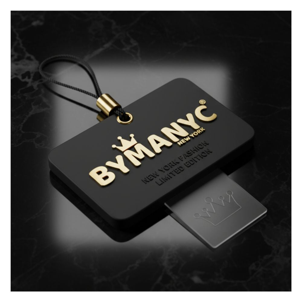BYMANYC New York hang tag with string and gold logo branding