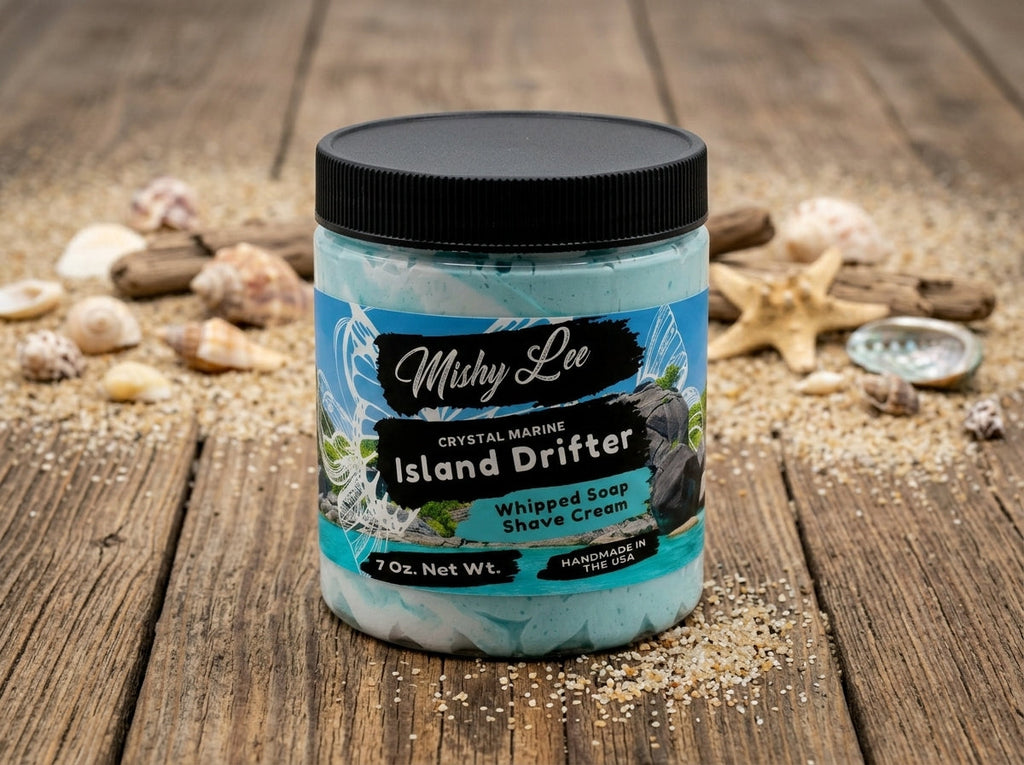 Mishy Lee Island Drifter whipped soap and shave cream jar with black lid, turquoise foam