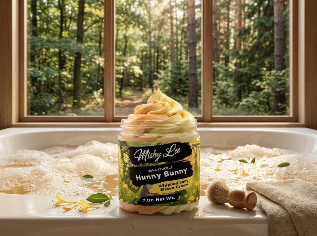 Hunny Bunny whipped soap and shave cream jar on a bathtub rim