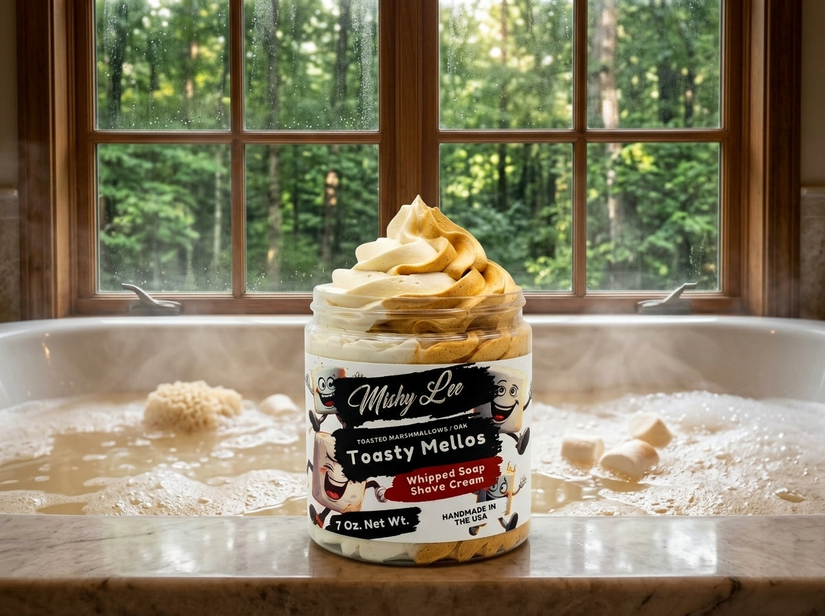 Whipped soap and shave cream jar with cream-tan whipped top in a bath tub