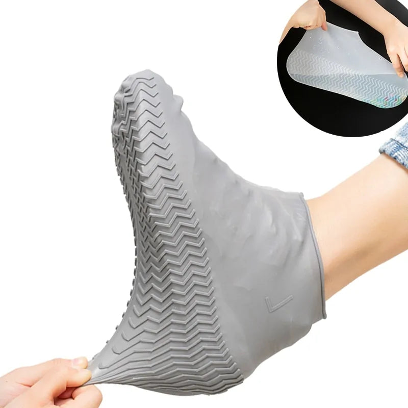Gray silicone waterproof shoe cover boots with zigzag traction tread sole