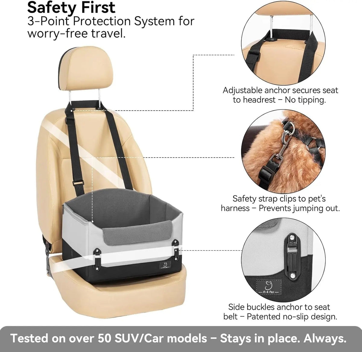 Grey dog car seat booster with adjustable headrest anchor and safety harness clips