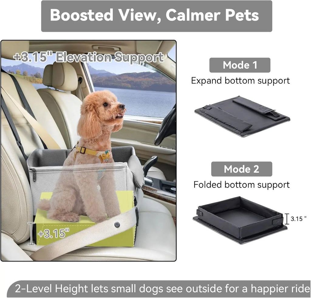 Grey dog car seat booster with elevated view support and foldable bottom panels