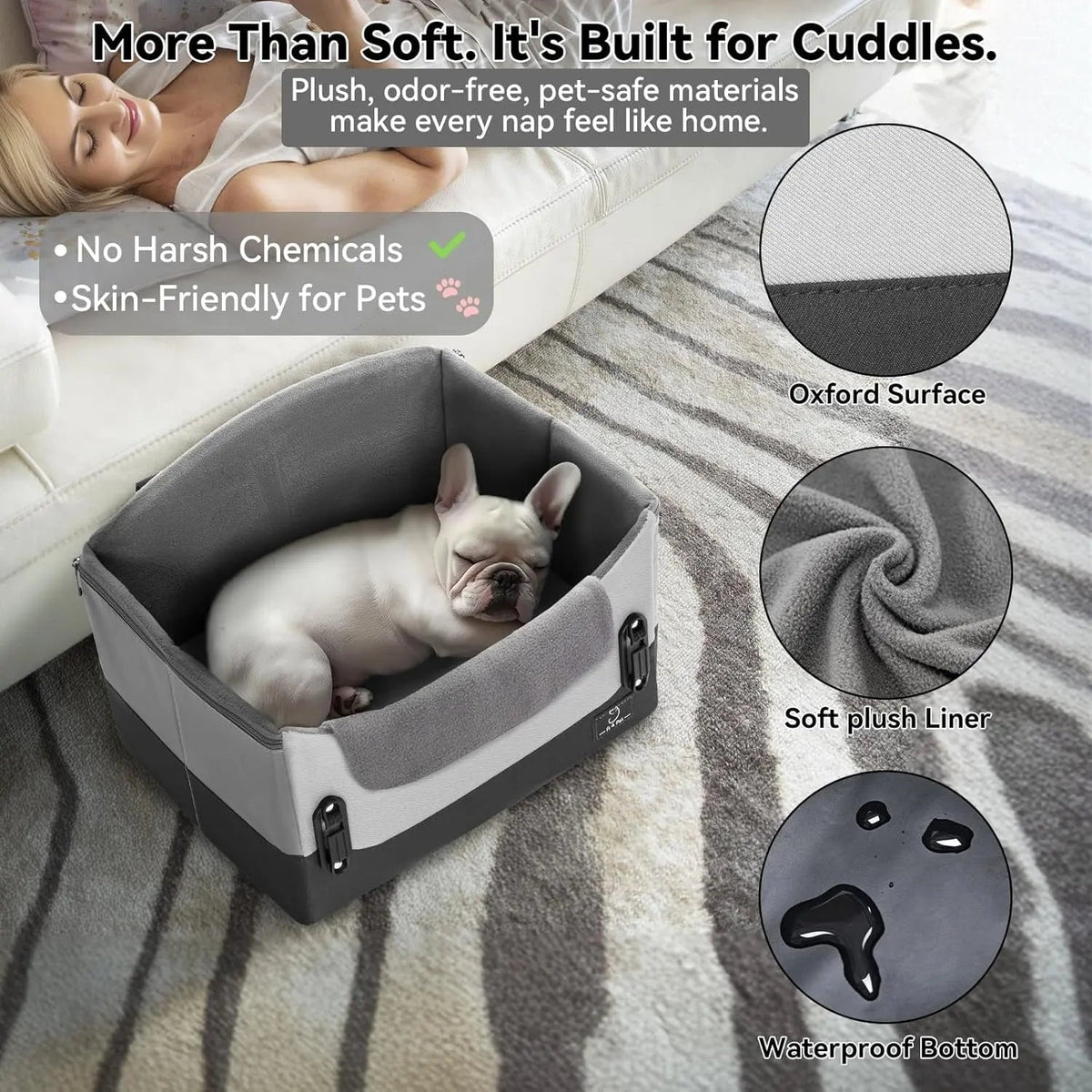 Grey dog car seat booster with soft plush liner and waterproof bottom panel
