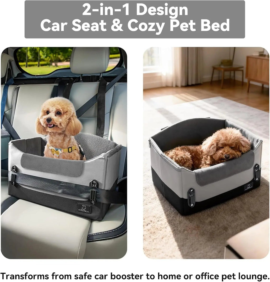 Grey dog car seat booster that converts to a cozy pet bed with side handles