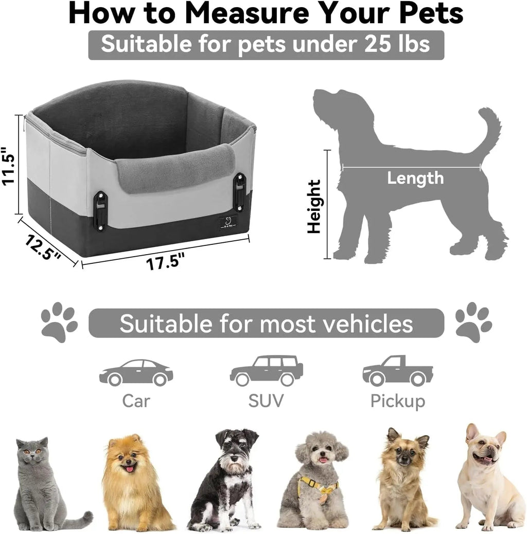 Grey dog car seat booster size chart, padded walls and base with secure buckle straps