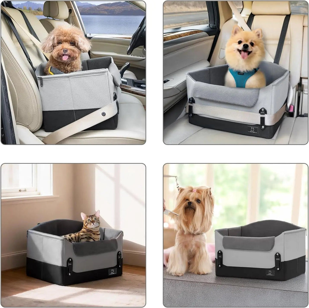 Grey dog car seat booster with side buckle straps, seat base, and safety tether