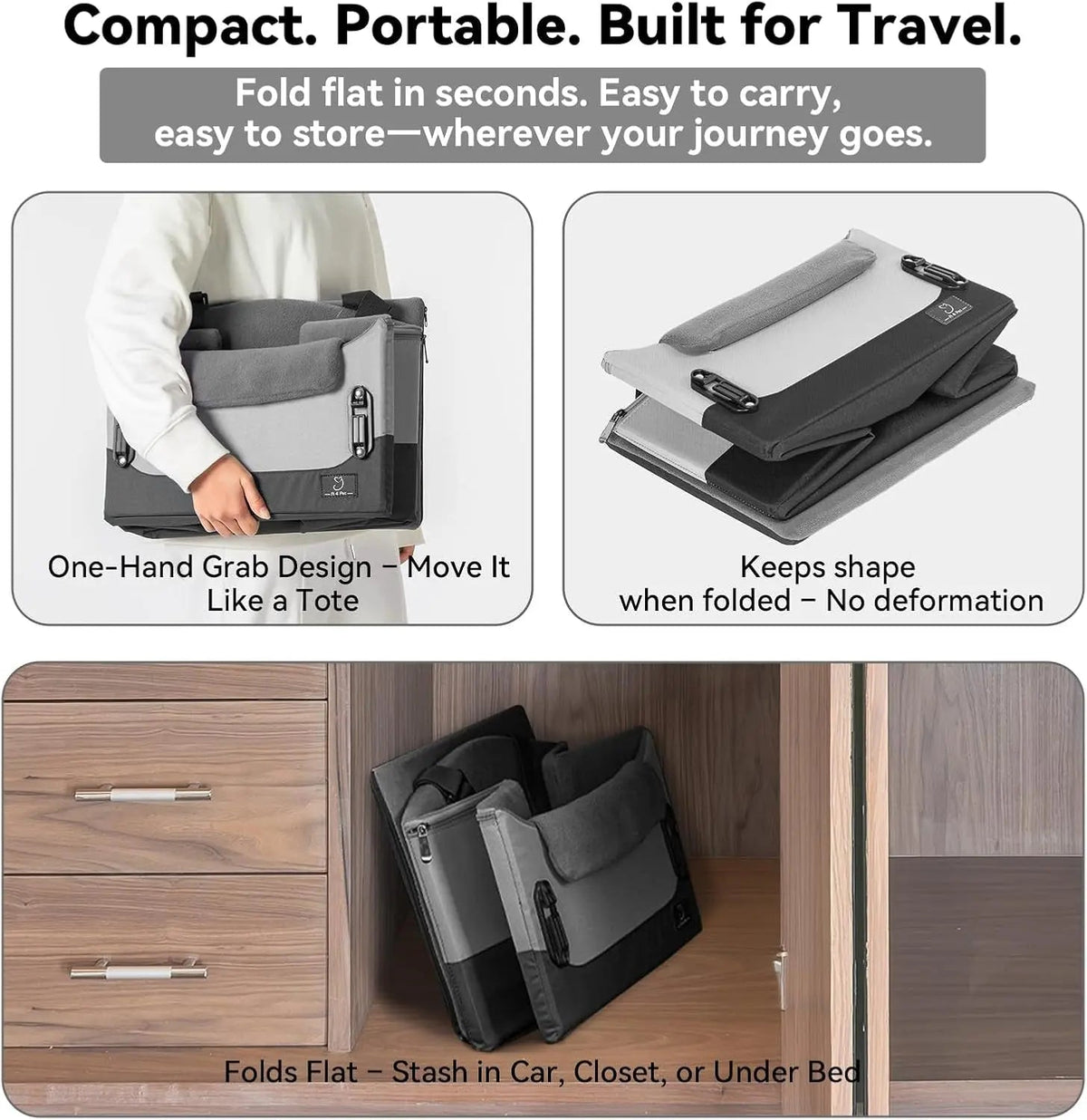 Grey dog car seat booster folded flat for travel, compact storage with carry handle