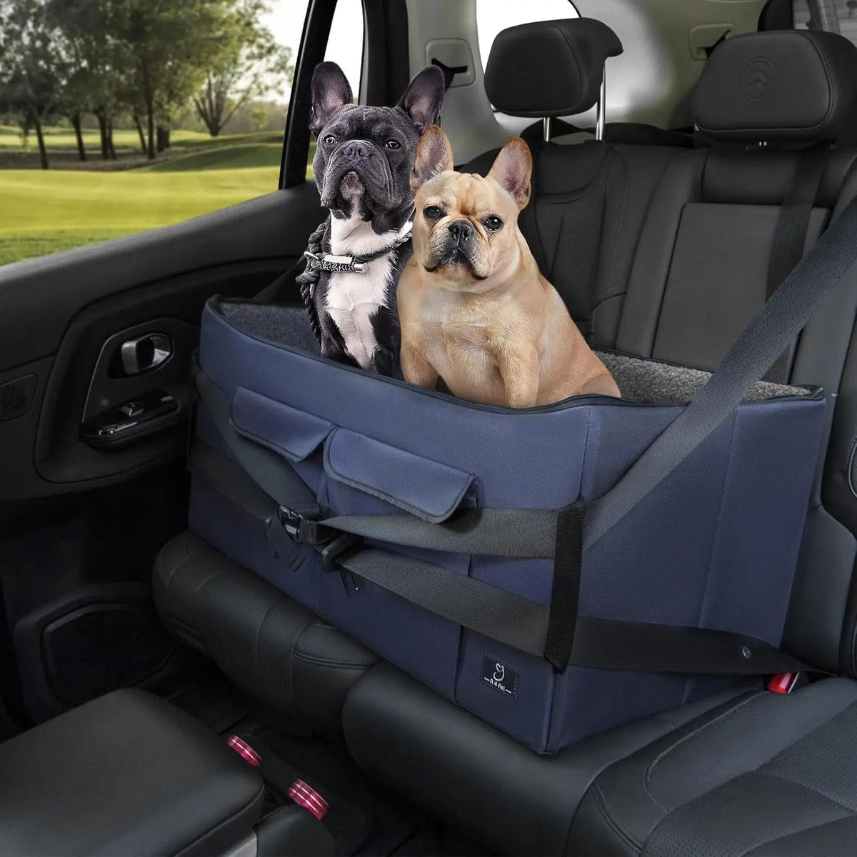 Dog car seat booster with safety leash, dark blue fabric with side straps