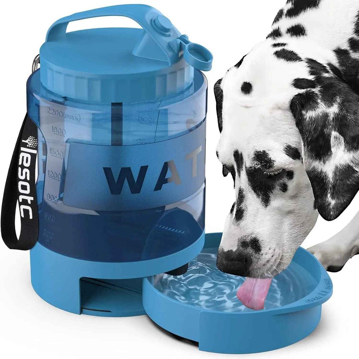 Blue portable dog water bottle with a fold-out bowl and Dalmatian drinking