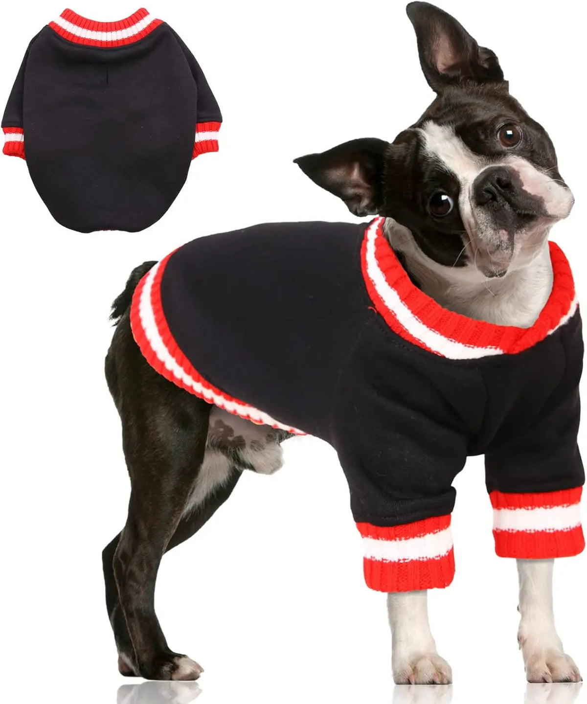 Black dog winter fleece pullover hoodie with red striped rib trim