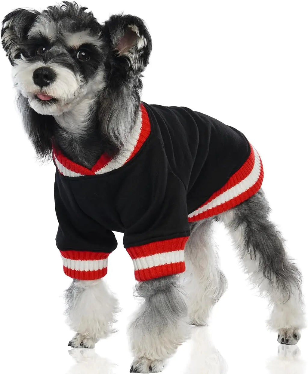 Black dog fleece pullover hoodie with red and white striped collar and cuffs