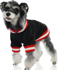 Black dog fleece pullover hoodie with red and white striped collar and cuffs