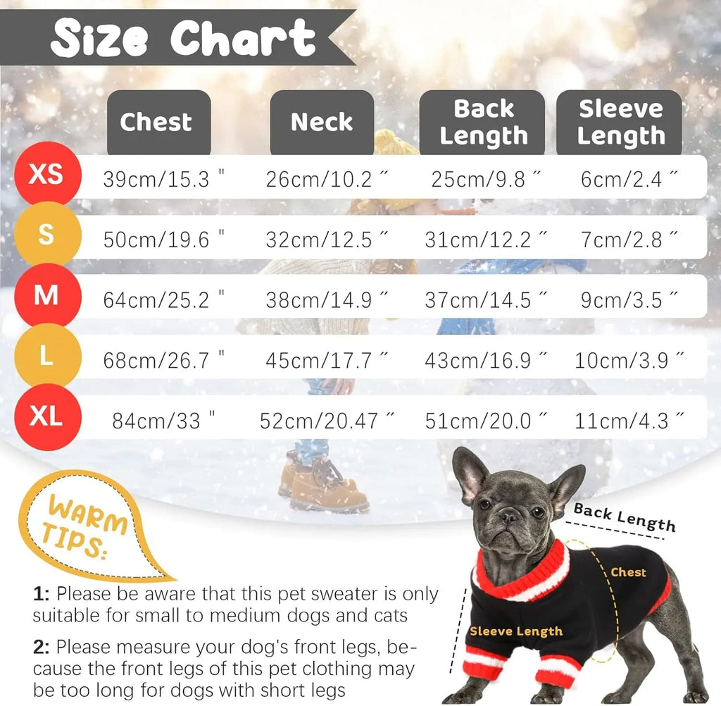 Dog winter fleece pullover hoodie sizing chart with model wearing black and red