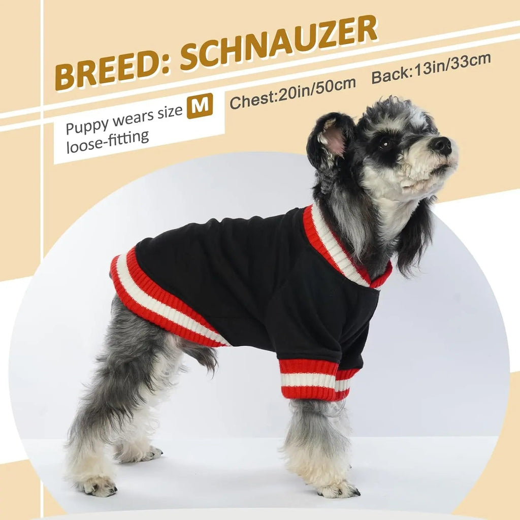 Black fleece dog pullover hoodie with red striped neck, hem, and sleeve cuffs
